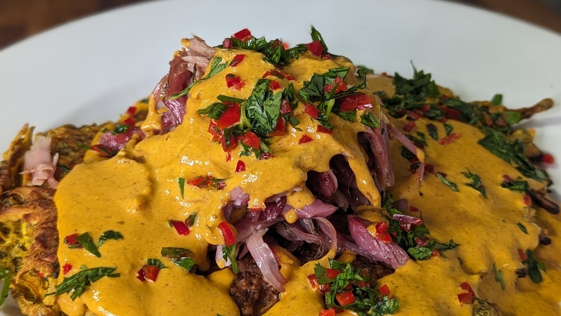 Arun's Bhaji Indian root veg fritter, ham hock and rich curry sauce