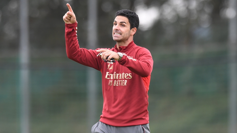 Mikel Arteta during a training session at London Colney earlier on Monday