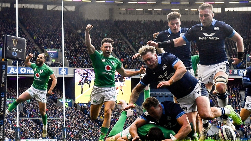 Jack Conan scores a try during Ireland's Six Nations clash against Scotland at Murrayfield last March