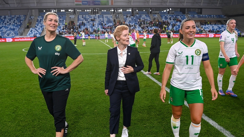 Interim manager Eileen Gleeson and assistant manager Emma Byrne alongside Katie McCabe after the win over Hungary