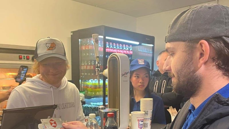 Picture posted on Facebook by Kyle Johnson of Ed Sheeran serving pints at Ipswich Town Football Club on Tuesday night