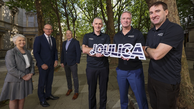 Enterprise Ireland's Anne Lanigan; Minister for Enterprise, Trade and Employment, Simon Coveney; Niall McEvoy, from Elkstone; Tony McCormack, Joulica CEO; Joe Smyth, CTO and Diarmuid Leonard, Principal Engineer at Joulica