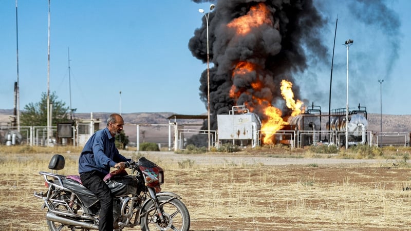 A fire raging at the Zarba oil facility in al-Qahtaniyah in northeastern Syria, close to the Turkish border