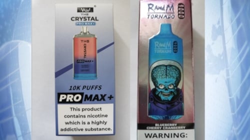 The products are R and M Tornado 9000 Disposable Blueberry Cherry Cranberry and WGA The Crystal Pro Max + 10K Puffs Blueberry Raspberr