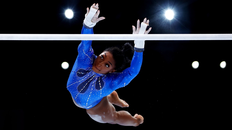 Simone Biles on the uneven bars during the women's all-around final