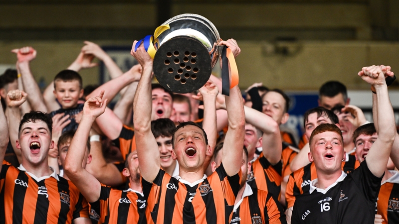 Camross captain Darragh Duggan lifts the cup after the Laois County Senior Hurling Championship Final win over Abbeyleix