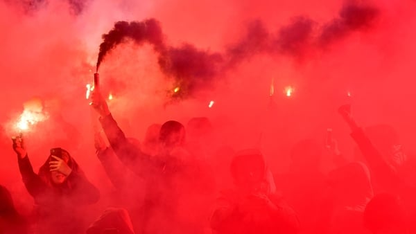 Supporters at the away end at Oriel Park before the League of Ireland clash between Dundalk and Drogheda United
