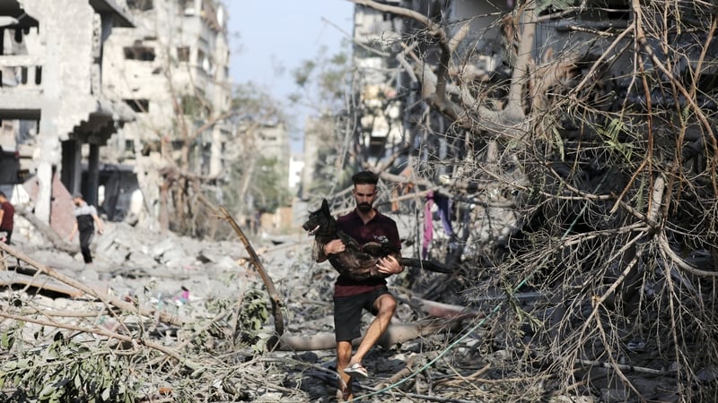 A man carrying his dog as he leaves a bombed area following overnight Israeli airstrikes in Gaza
