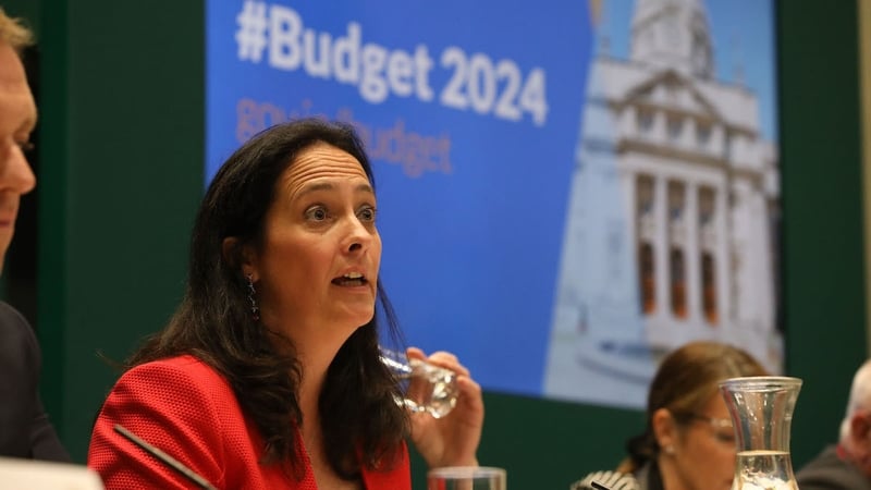 Minister Catherine Martin speaking at a Budget 2024 press conference (Pic: Photocall Ireland)