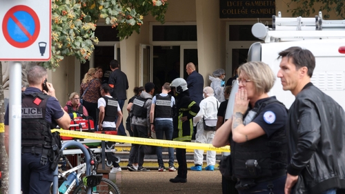 French police officers in front of the Gambetta high school in Arras, northeastern France
