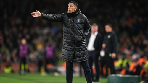Gus Poyet working his Greece team from the sideline at the Aviva Stadium on Friday night