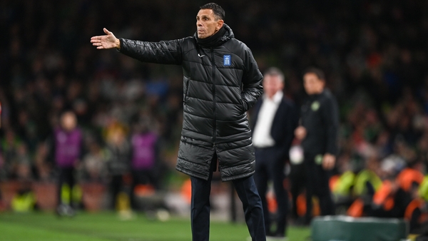 Gus Poyet working his Greece team from the sideline at the Aviva Stadium on Friday night