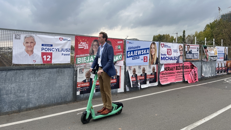 Election posters adorn a railway bridge in central Warsaw