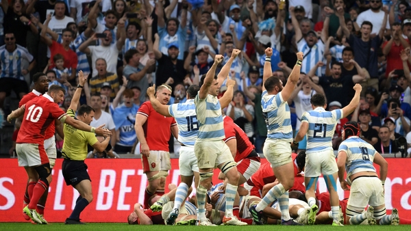Argentina players celebrate a second-half try against Wales at the Stade Velodrome in Marseille