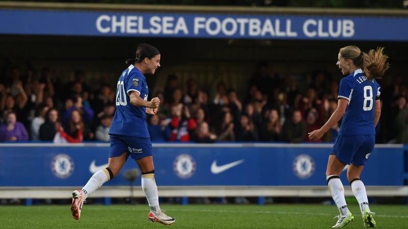 Sam Kerr celebrates her goal with Chelsea team-mate Melanie Leupolz