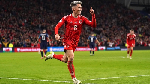Wales' Harry Wilson celebrates scoring their side's second goal