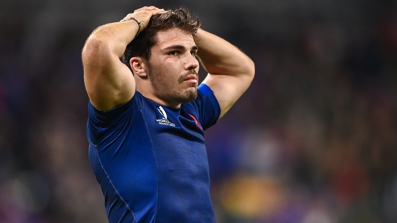 A dejected Antoine Dupont at the full-time whistle of France's quarter-final defeat to South Africa
