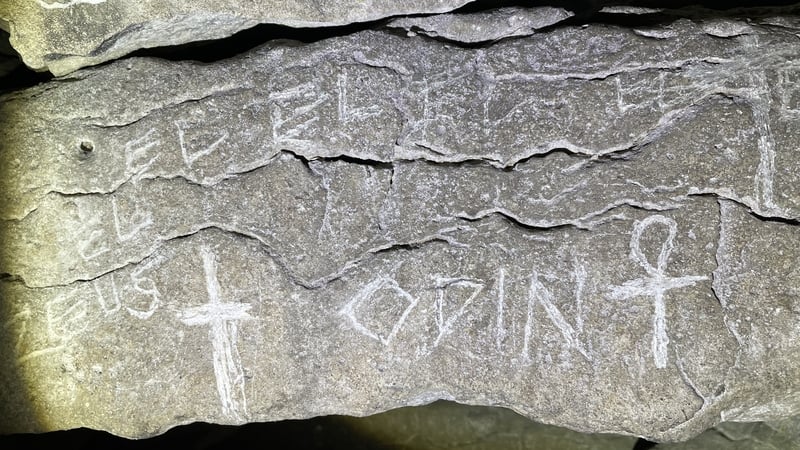 Graffiti scratched into the neolithic Carrowkeel passage tomb (Photo: Ken Williams)