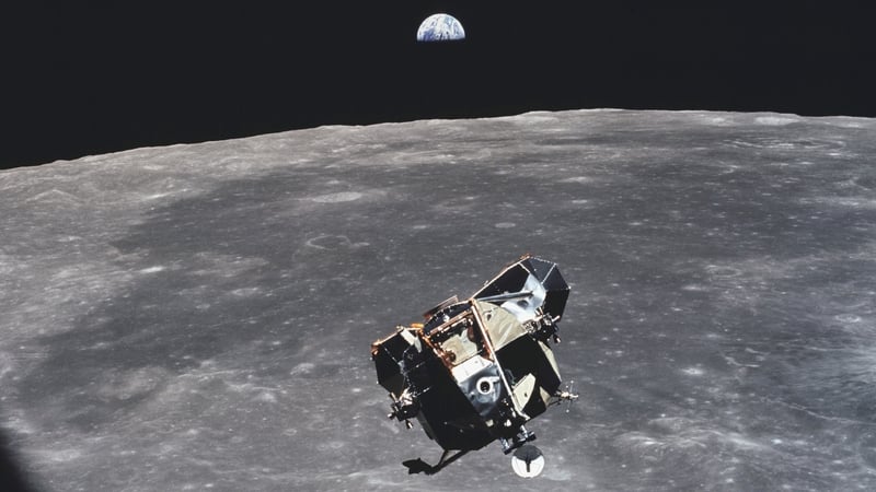 The Apollo 11 Lunar Module ascent stage, with astronauts Neil A. Armstrong and Edwin E. Aldrin Jr. aboard, is photographed from the Command and Service Modules (CSM). Photo: Getty Images