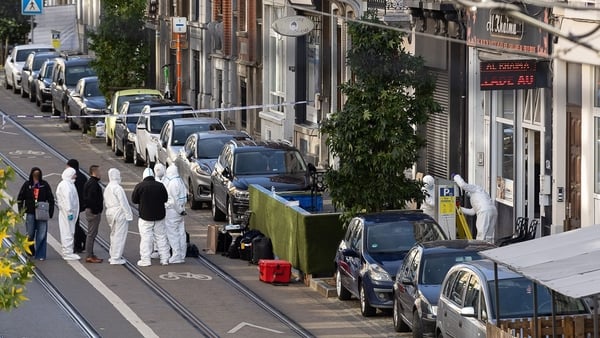 Forensics near cafe Al Khaima in Brussels where the suspected perpetrator of the attack in Brussels was shot dead