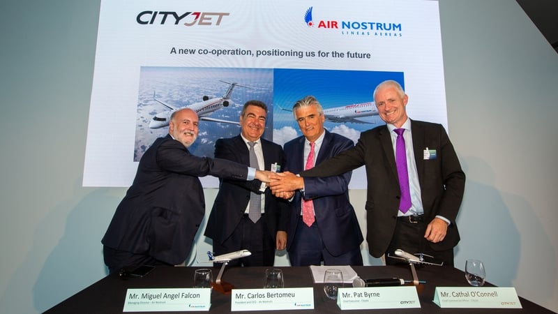 Miguel Angel Falcon and Carlos Bertomeu from Air Nostrum along with Pat Byrne and Cathal O'Connell from CityJet sealing the SARA deal