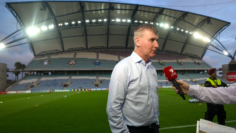 Stephen Kenny talking to the media after the game on Monday in Faro