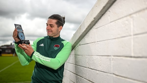 Ruairi Keating with his player of the month award. The Cork City striker scored five goals in September