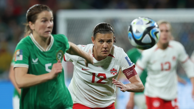 Niamh Fahey is challenged by Christine Sinclair during Ireland's 2-1 defeat to Canada in Perth at the World Cup