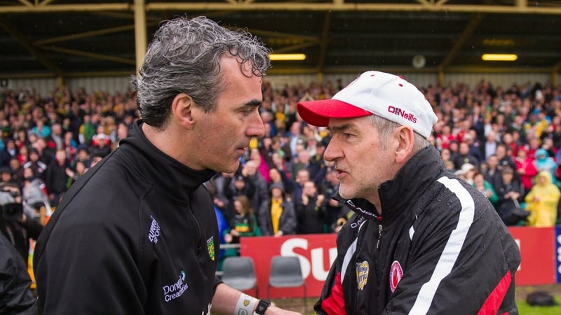 Jim McGuinness (L) and Mickey Harte are set for a reunion as Donegal and Derry managers respectively