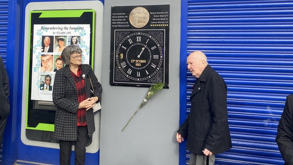 The memorial plaque of a clock stopped at the time the bomb detonated was unveiled by Gina Murray and Bobby Baird