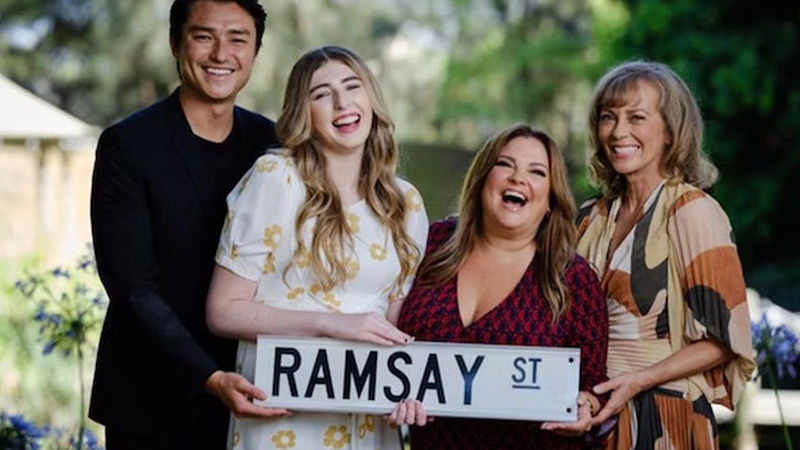 Some of Neighbours' stars [L-R]: Tim Kano (Leo Tanaka), Georgie Stone (Mackenzie Hargreaves), Rebekah Elmaloglou (Terese Willis), 
Annie Jones (Jane Harris)