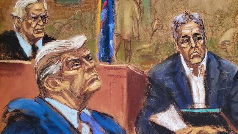 A court sketch shows Donald Trump watching on as Michael Cohen is questioned yesterday during the civil fraud trial in New York