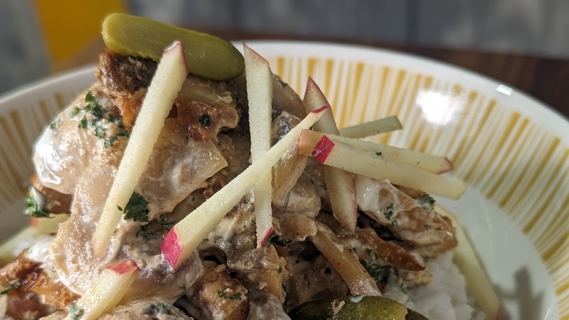 Paul's pork, parsnip and apple stroganoff