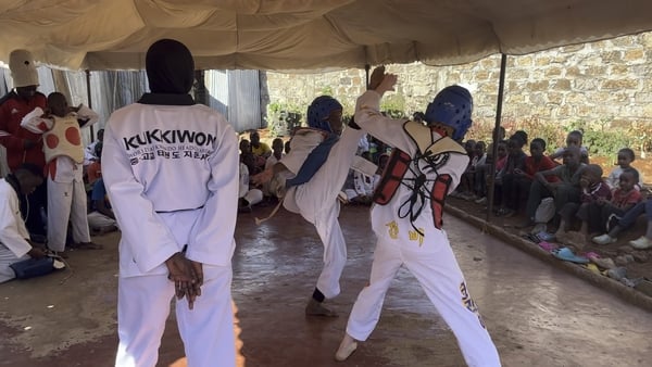 Children are taught taekwondo at a class in Nairobi