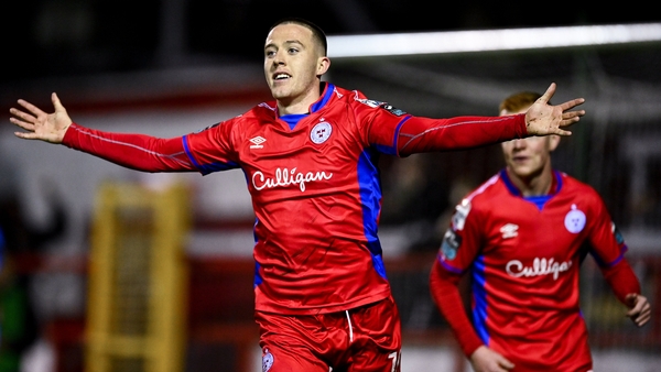 Jack Moylan celebrates his first-half goal for Shelbourne against UCD