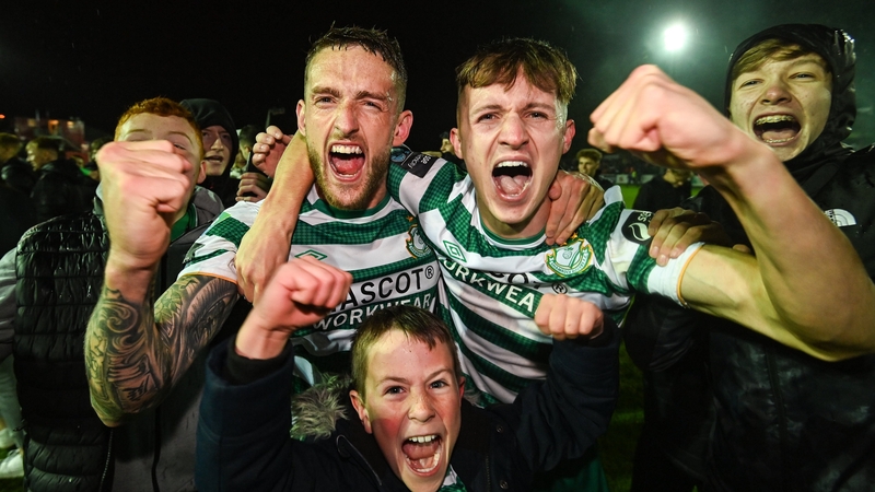 Lee Grace, left, and Johnny Kenny of Shamrock Rovers celebrate winning the title at Richmond Park after a 2-0 win over St Patrick's Athletic