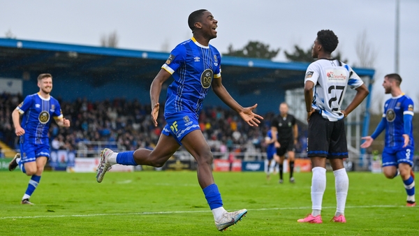 Romeo Akachukwu celebrates his and Waterford's first goal