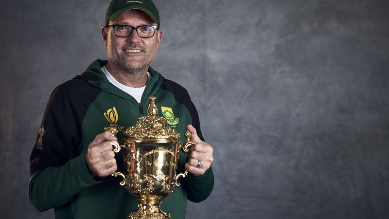 Jacques Nienaber celebrates with the World Cup