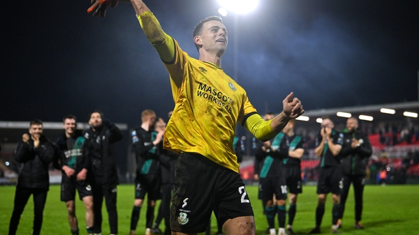 Leon Pohls salutes the travelling Rovers supporters after the game