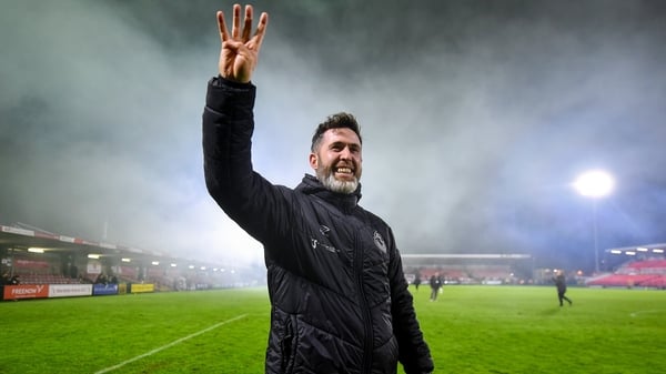 Stephen Bradley celebrating four in a row with the travelling fans after the game