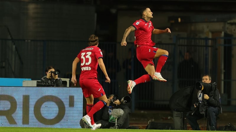 Gianluca Scamacca celebrates after scoring for Atalanta