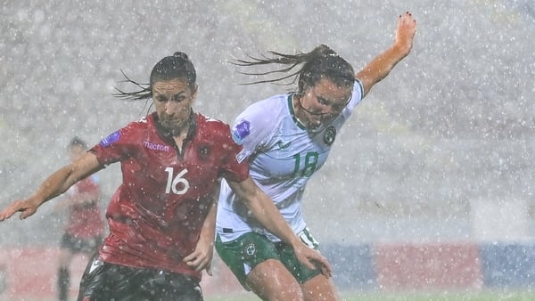 Lucie Gjini holds off Kyra Carusa at Loro Borici Stadium in Shkoder