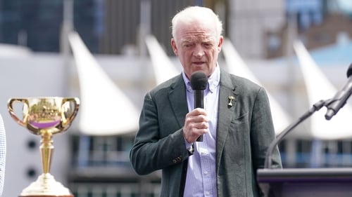 Willie Mullins, trainer of Melbourne Cup favourite Vauban, speaks next to the Melbourne Cup during a preview event