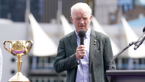 Willie Mullins, trainer of Melbourne Cup favourite Vauban, speaks next to the Melbourne Cup during a preview event
