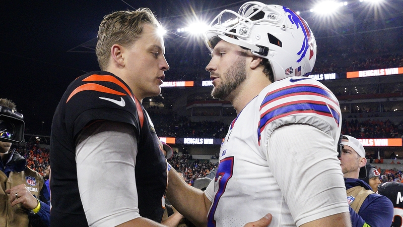 Joe Burrow (L) of the Cincinnati Bengals and Josh Allen of the Buffalo Bills after the Bengals' win