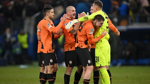 Shakhtar Donetsk players celebrate a famous victory over Barcelona