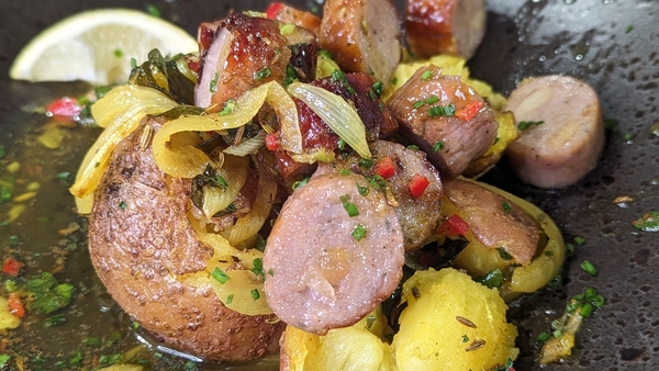 Arun Kapil's glazed sausages & spicy potatoes