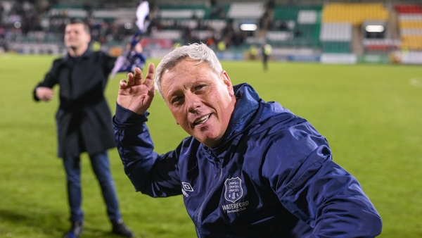 Keith Long celebrates after guiding Waterford into the top flight at the end of his first season in charge