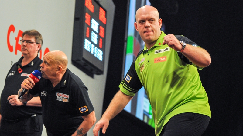 Michael van Gerwen celebrates during a 5-1 win over Fallon Sherrock at the Grand Slam of Darts