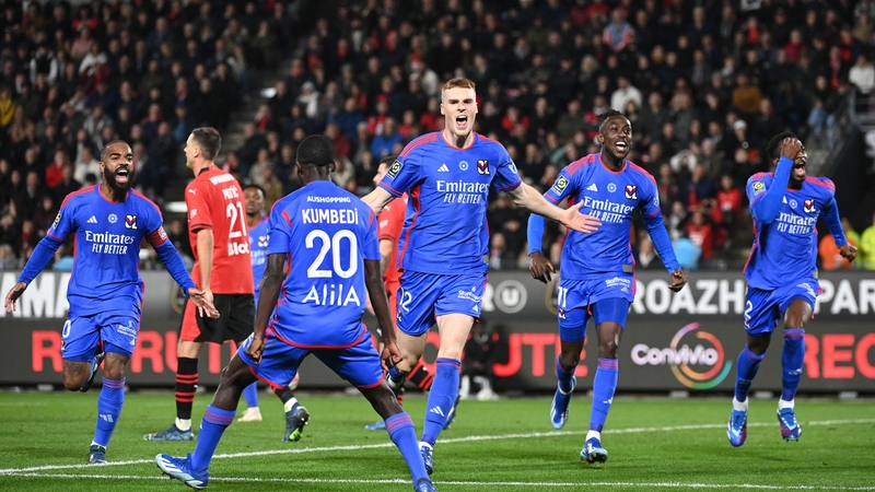 Jake O'Brien celebrates scoring the winner for Lyon in their 1-0 victory over Rennes on Sunday